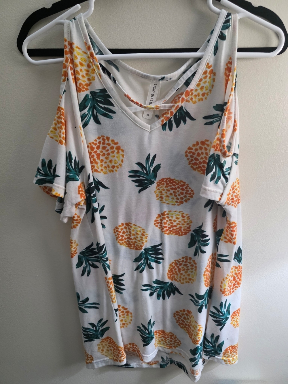 Tickled Teal White Pineapple Cold-Shoulder Tank Top